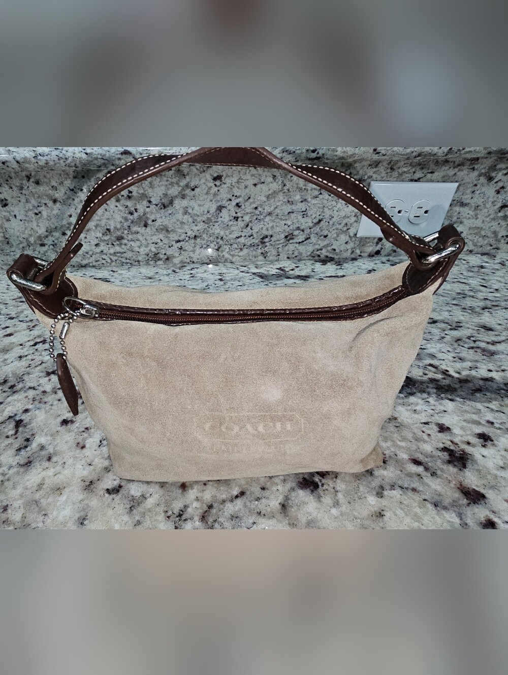 Coach Hamptons Suede Demi Handbag Tan Suede Brown Leather Accents Vintage